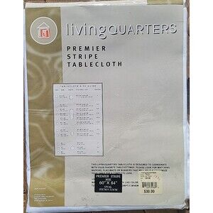 NEW Living Quarters white premier stripe tablecloth 60” x 84” oval polyester L7